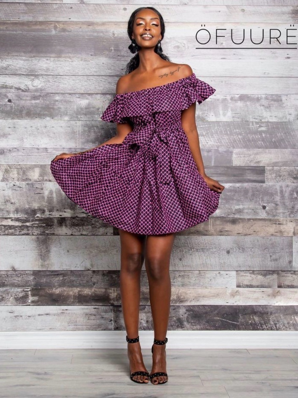 OFUURE KRISTA Fit Flare Mini Dress Off Shoulder Ruffled Black Pink Graphic 1-3XL